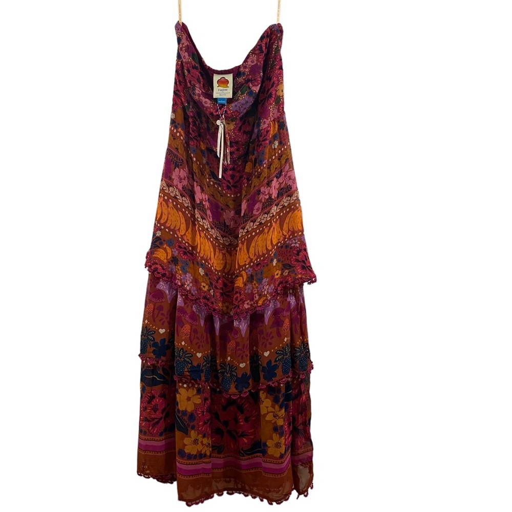 Farm Rio X Anthropologie Tiered Midi/Maxi Dress Strapeless Ruffle Pink Combo NWT - Picture 5 of 15